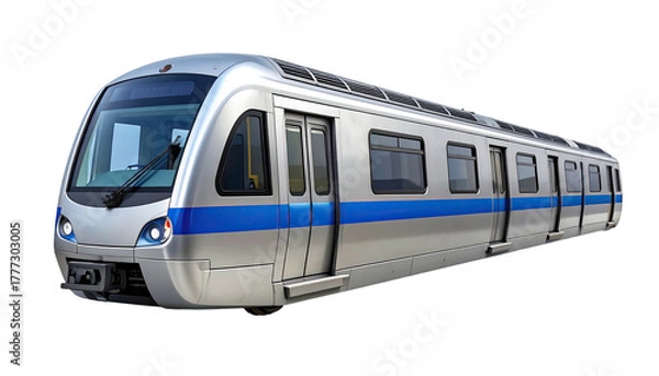 Obraz Sleek silver metro train with blue stripe, isolated