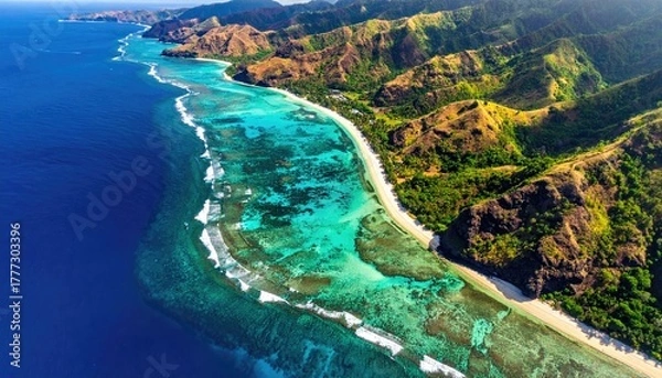 Fototapeta Aerial View Of A Tropical Island Coastline With Lush Green Hills White Sand Beach Turquoise Water And White Foamy Waves Under Bright Sunlight