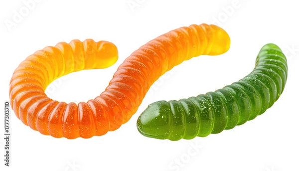 Fototapeta Two colorful, curved gummy worms against a black background