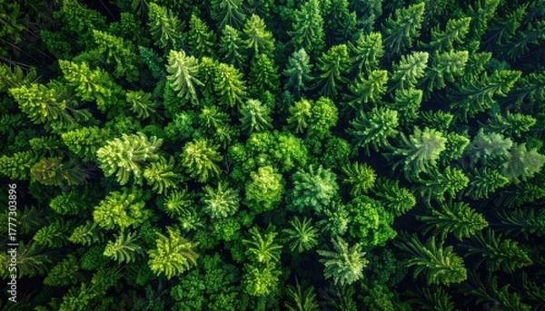Fototapeta Aerial View of Dense Evergreen Forest Canopy With Sunlight Filtering Through Green Trees In A Rural Landscape
