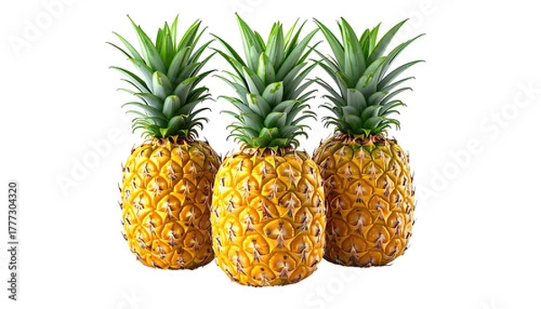 Obraz Three ripe pineapples with spiky leaves on black