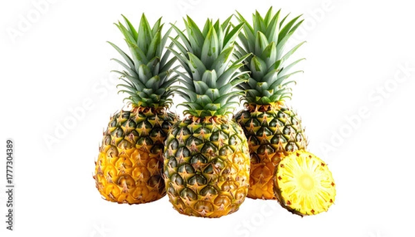 Obraz Three pineapples with green tops and a slice isolated