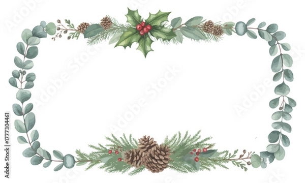 Fototapeta Christmas botanical frame with holly pine cones and green leaves decoration
