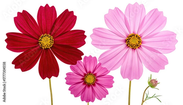 Obraz Trio of red, pink, rose cosmos with yellow centers on black