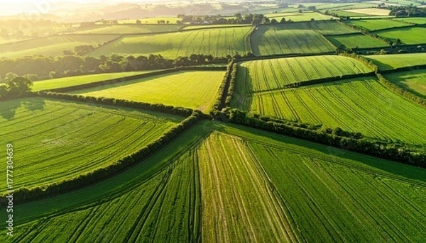 Fototapeta Aerial View of Lush Green Agricultural Fields Bathed in Golden Hour Sunlight Showing Patchwork of Farmland