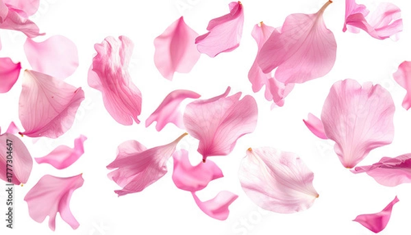 Fototapeta Pink petals scattered across a black background, light shining