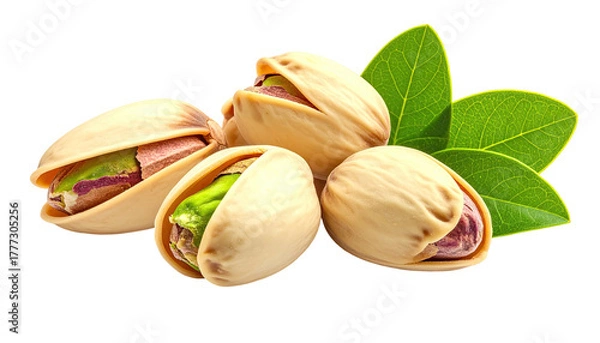 Fototapeta Grouping of shelled pistachios with green leaves, isolated
