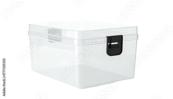 Fototapeta Clear plastic box with black latch, isolated on black backdrop