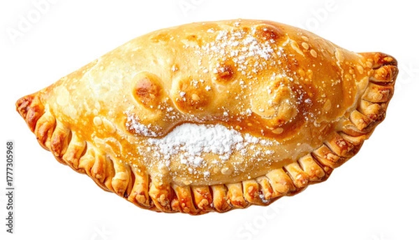 Fototapeta Golden baked pastry, crimped edges, dusted sugar, dark background