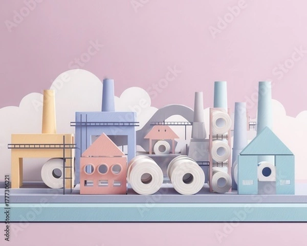 Fototapeta High-efficiency paper mill machinery process - Abstract Industrial Landscape with Paper Roll Structures on Pastel Background optimized industrial automation system manufacturing plant