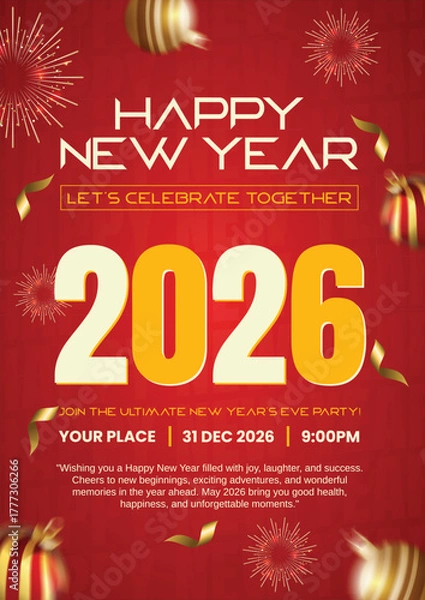Fototapeta luxury new year 2026 party flyer template, golden happy new year countdown poster, 2026 abstract vector celebration background, modern glitter new year's eve invitation