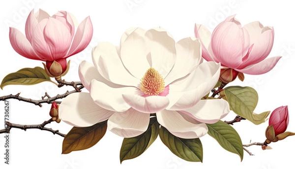 Fototapeta Magnolias white center, pink sides, on branches with buds