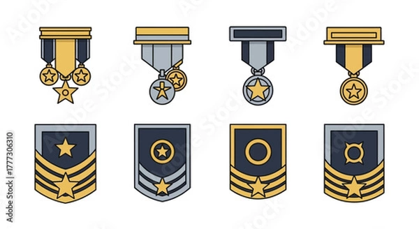 Fototapeta Collection of Various Military Decorations and Rank Insignia Depicting Service and Valor