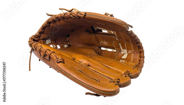 Obraz Tan leather baseball glove, open pocket, on a plain dark background