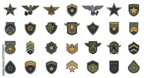 Fototapeta Collection of stylized military rank and insignia designs rendered with outline details