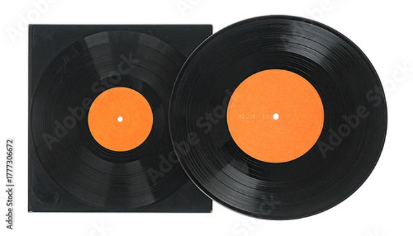 Fototapeta Vinyl record in sleeve, with visible orange record label