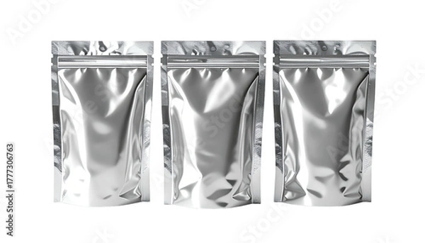 Obraz Three shiny silver pouches with zip closures stand in a row