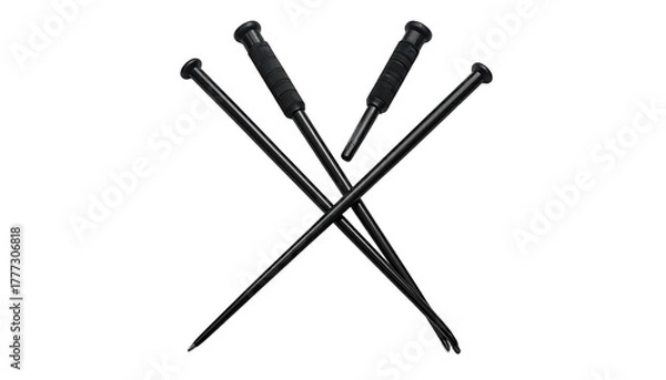 Fototapeta Four black batons crossed, with dark handles, isolated