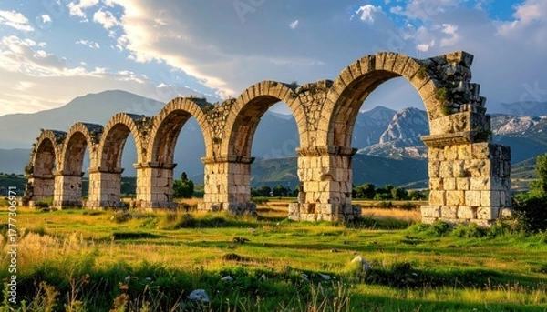 Fototapeta Ancient Stone Arches Stand Against Mountain Backdrop Under Golden Hour Sunlight With Lush Green Field in Foreground