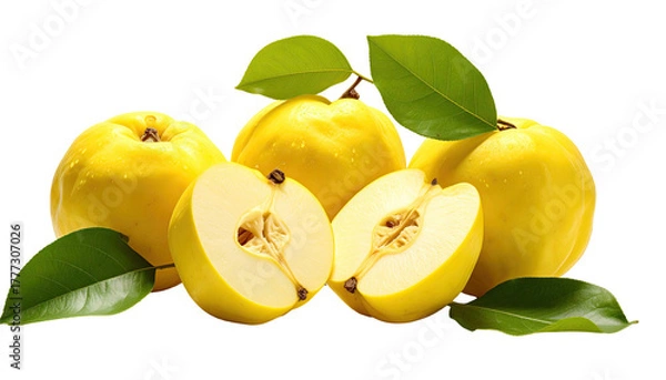 Obraz Pile of yellow quince fruit, sliced, leaves, isolated on black