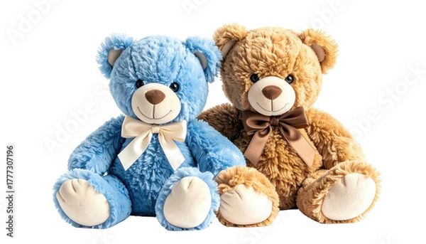 Fototapeta Two plush bears, blue and brown, sit next to each other