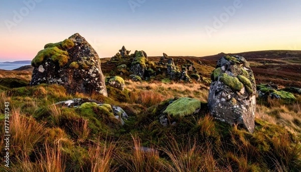 Fototapeta Ancient Moss Covered Standing Stones on a Hillside Under a Golden Sunset Sky