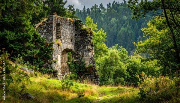 Fototapeta Ancient Stone Ruin Emerging From Lush Green Forest Overgrown With Moss And Wildflowers Under A Dramatic Cloudy Sky
