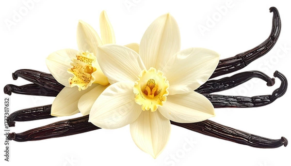 Fototapeta Two vanilla blossoms and four pods, dark and light