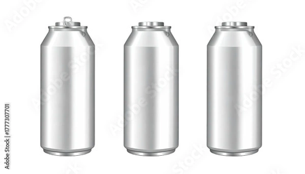 Fototapeta Three aluminum beverage cans in a row, blank and silver
