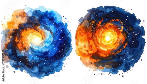 Fototapeta Two nebulae swirls, blue/orange, with stars, abstract art