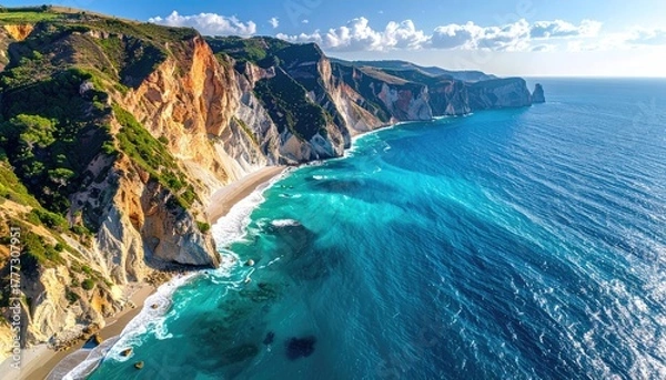 Fototapeta Expansive Coastal Vista Golden Cliffs Meet Azure Ocean Waters Under Bright Sunlight with Crashing Waves on a Pristine Sandy Shoreline