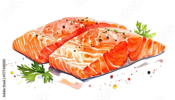 Fototapeta Two watercolor salmon fillets seasoned with pepper and herbs