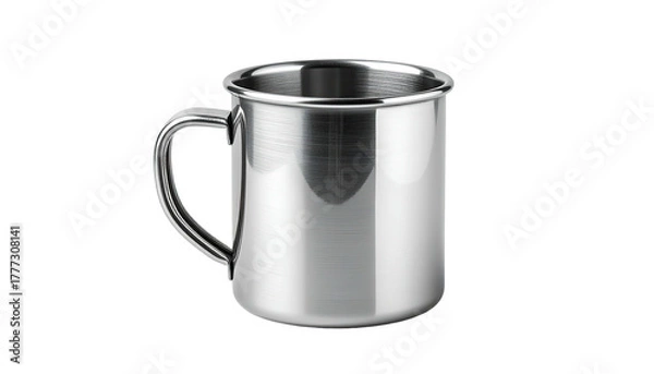 Fototapeta Shiny metal cup with curved handle, isolated on black background