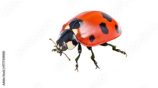 Fototapeta Close up of a vibrant red ladybug with black spots on a stark on transparent background