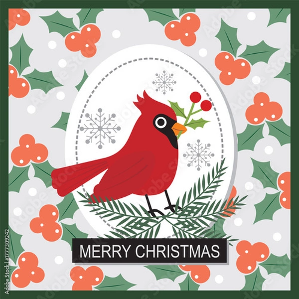 Obraz Christmas card with cardinal bird avd berry