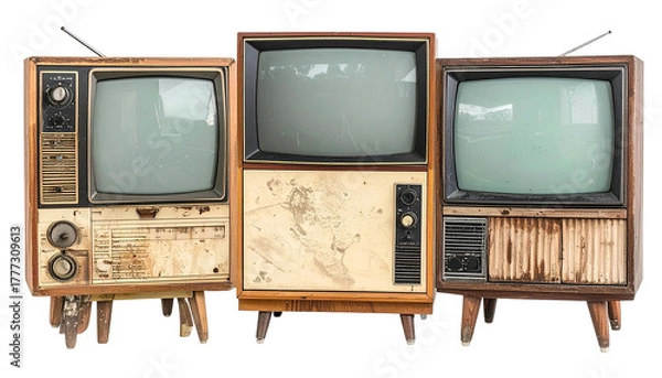 Fototapeta Three antique televisions, each with a wooden cabinet and legs