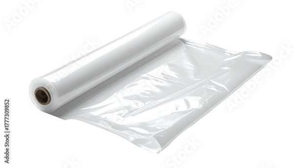 Fototapeta Plastic wrap roll, translucent and crinkled, on dark background