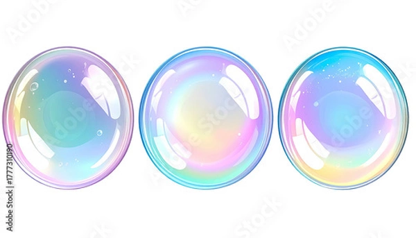 Fototapeta Three iridescent bubbles with rainbow gradients on black
