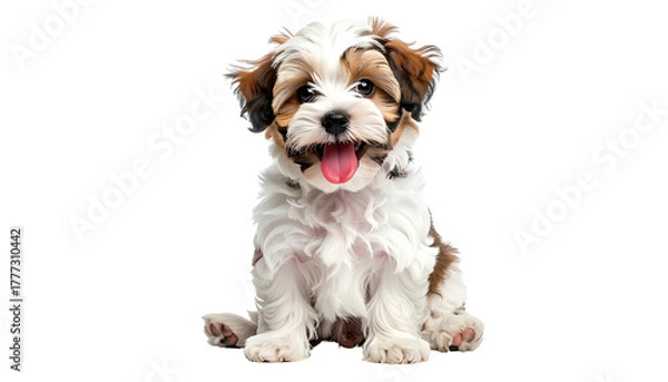 Fototapeta Cute, fluffy multi-color puppy sits happily, tongue sticking out