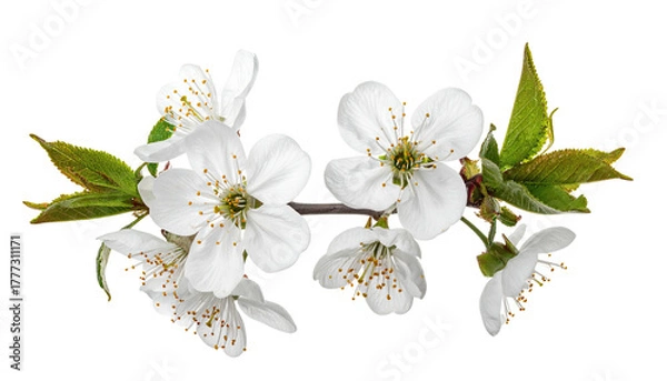 Fototapeta Branch with several white blossoms and green leaves, on black