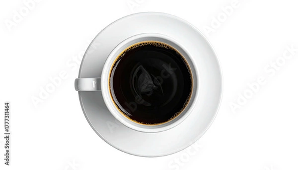 Obraz Top view of dark coffee in white cup & saucer against black
