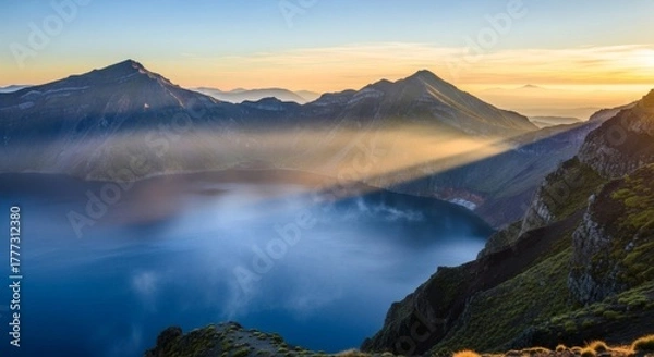Obraz Scenic mountain range embracing a serene lake bathed in the warm glow of the rising sun