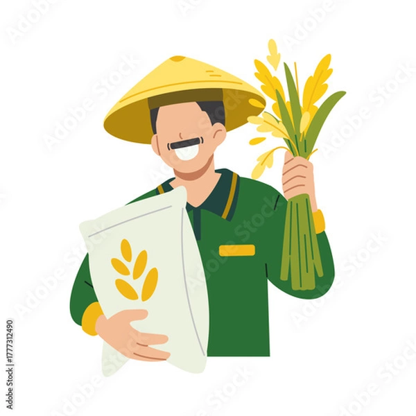 Fototapeta Happy Asian mustached farmer holding rice sack while showing his harvested paddy. Flat character illustration isolated on white background