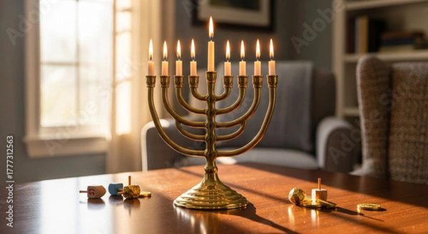 Fototapeta A beautifully lit golden Hanukkah menorah with all candles burning brightly on a wooden table, accompanied by dreidels and chocolate coins, creating a warm and festive atmosphere for the celebration