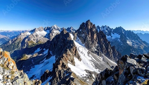 Fototapeta Jagged Rocky Mountain Peaks With Patches Of Snow Under A Clear Blue Sky With Side Lighting