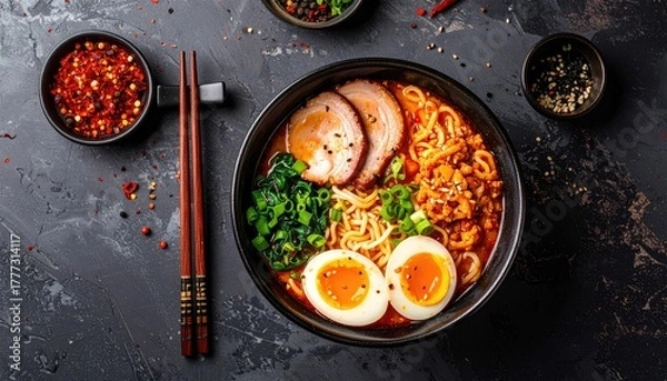 Fototapeta Japanese Ramen Noodles Soup Dish With Sliced Pork Egg And Green Vegetables In A Bowl With Chopsticks And Spices On A Dark Textured Surface Overhead View