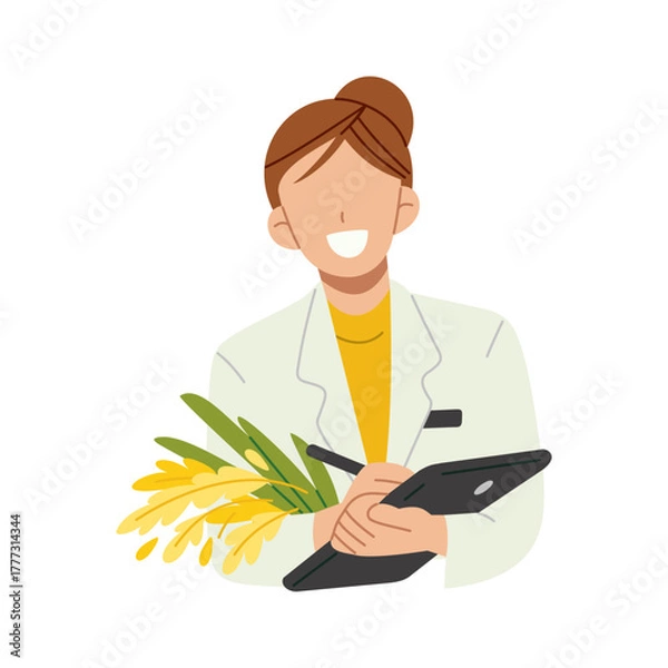 Fototapeta Female agricultural scientist with lab coat holding rice plants while taking research notes. Flat character illustration isolated on white background