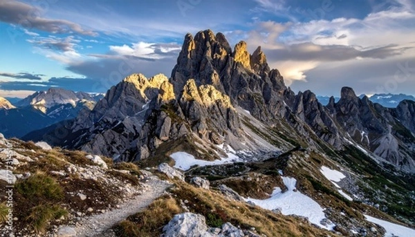 Fototapeta Jagged Mountain Peaks Bathed in Golden Hour Sunlight With Dramatic Clouds and Snow Patches on Rocky Terrain