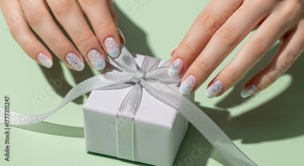Obraz Female hands with light-colored nails wrapping a small white gift box with a ribbon on a green background.