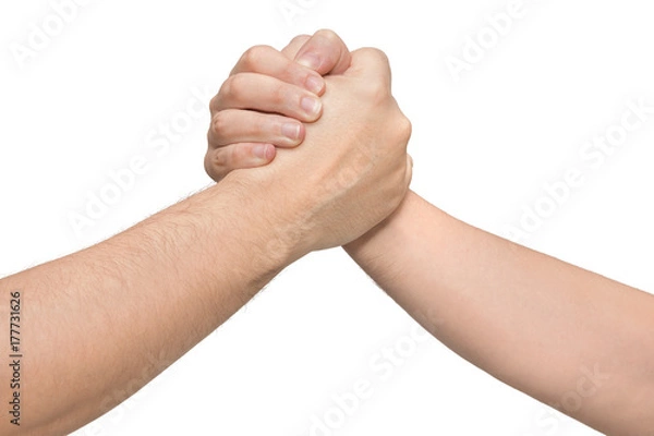 Obraz Two hands in a wrestling arm. Isolated white background